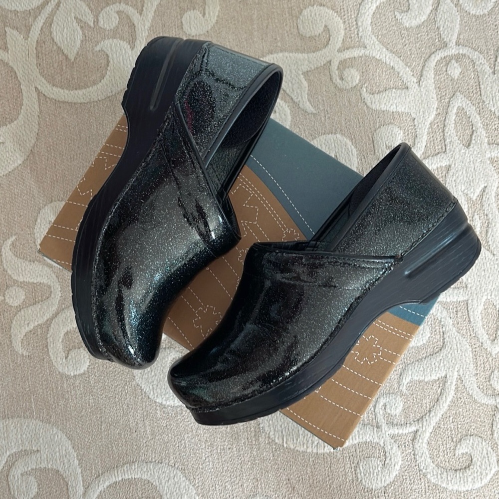 Dansko Professional Black Sparkle Patent Leather Clogs
